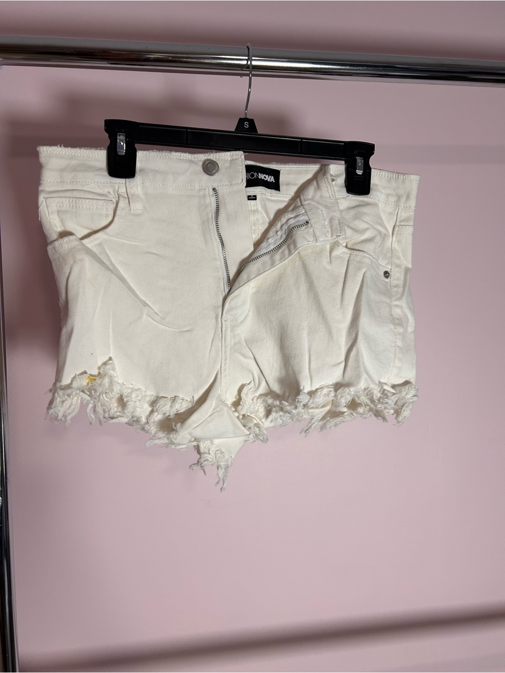 Fashion Nova Cream Frayed Hem Denim Shorts